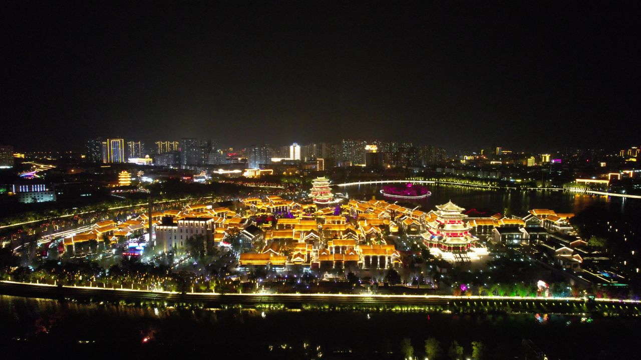 河北沧州南川楼夜景灯光航拍