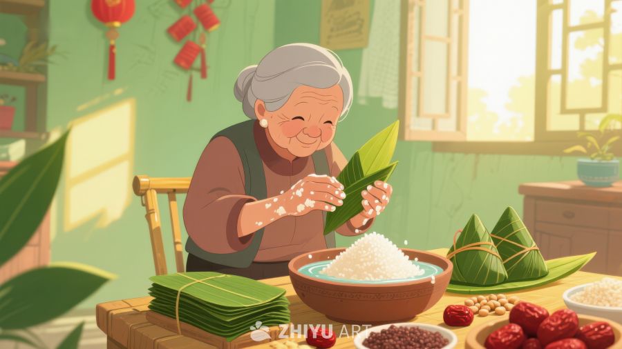 老人包粽子，传统节日温馨场景 218