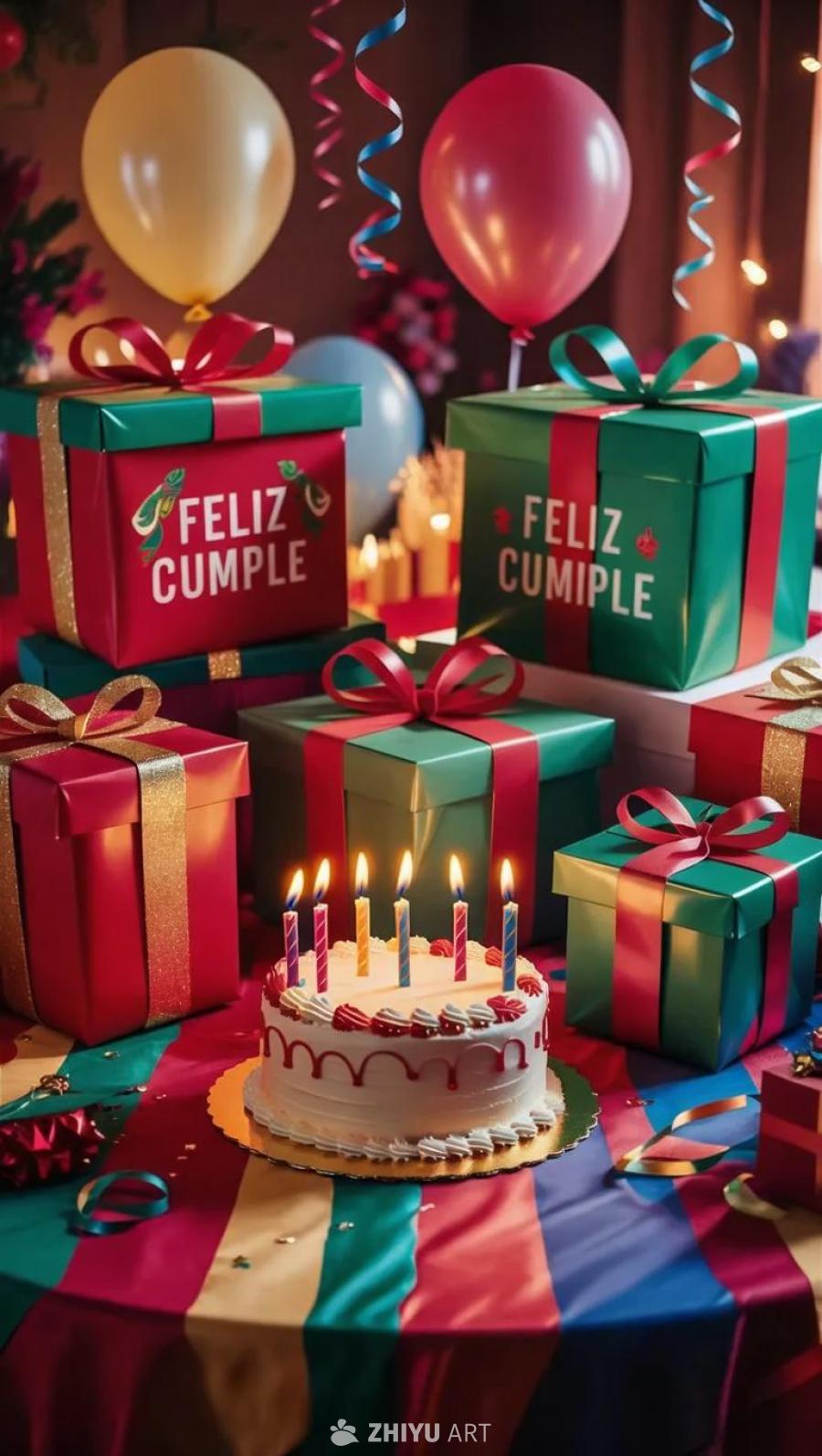 红色和绿色的礼物盒上写着“Feliz Cumple