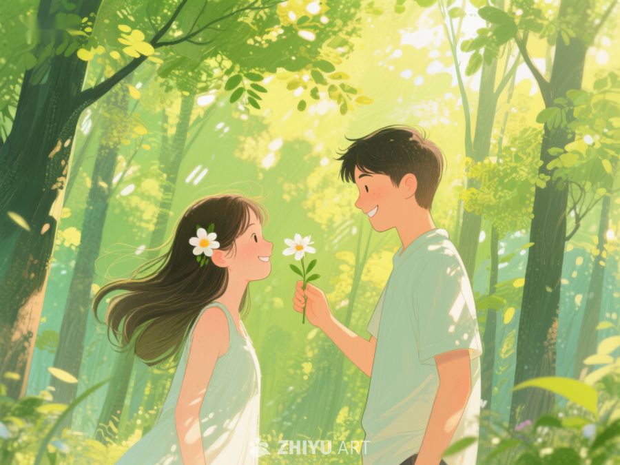 森林中男孩递花给女孩 616