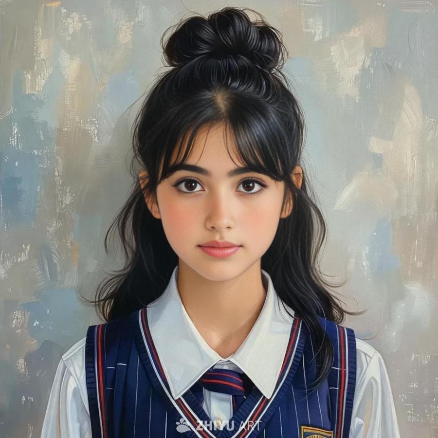 一个17岁女孩，暖色调皮肤，黑色眼珠，头发盘成发髻