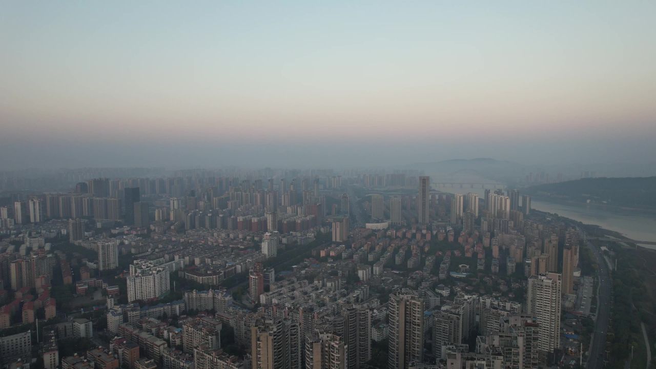  湖南株洲清晨日出彩霞迷雾航拍