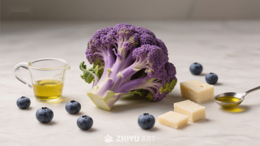 紫色西兰花与蓝莓奶酪摆拍