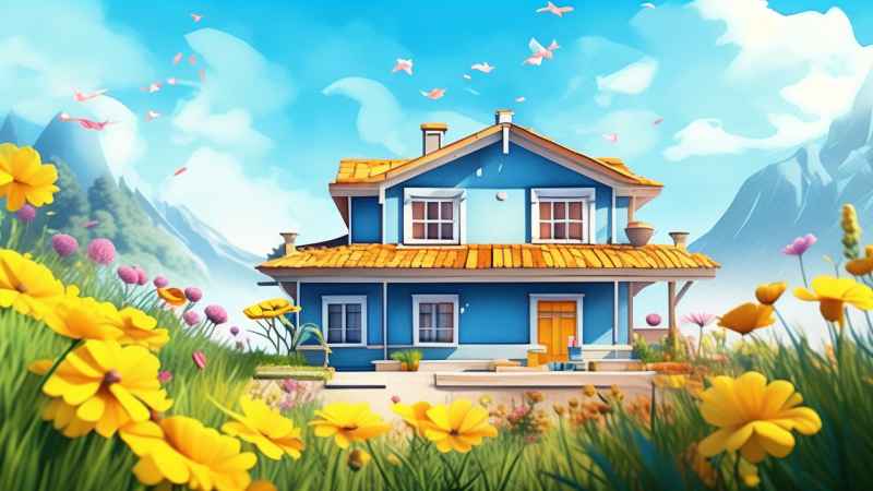 绿色田野里有黄色花朵的房子的水彩插图 1