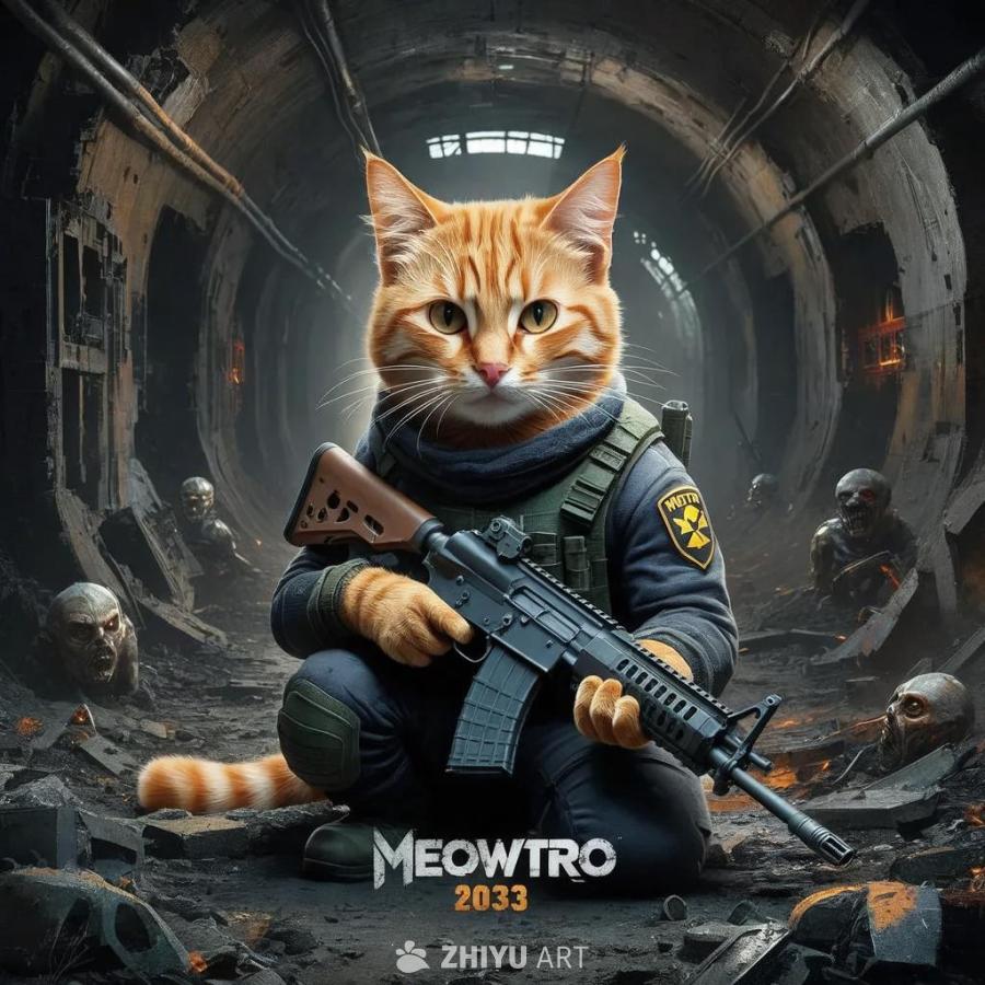一只橙色猫蹲在类似地铁隧道的场景中，它穿着制服，佩