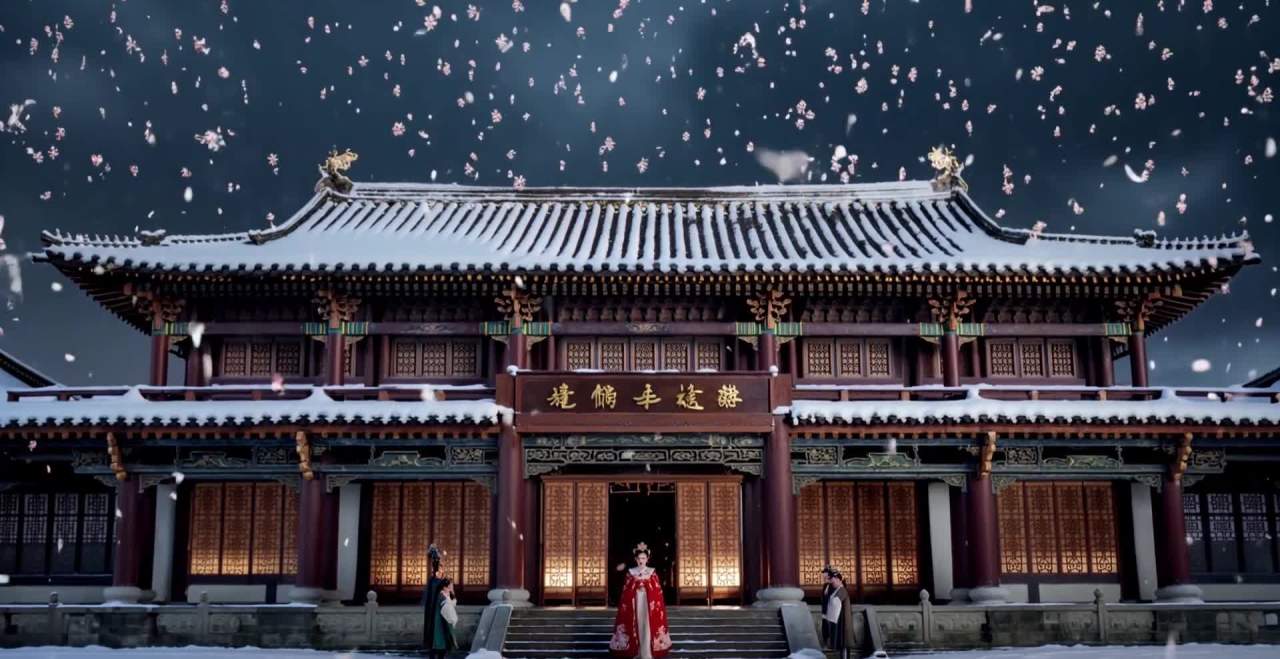 一位身穿红色绣有牡丹披风的公主，头戴花冠，站在皇宫