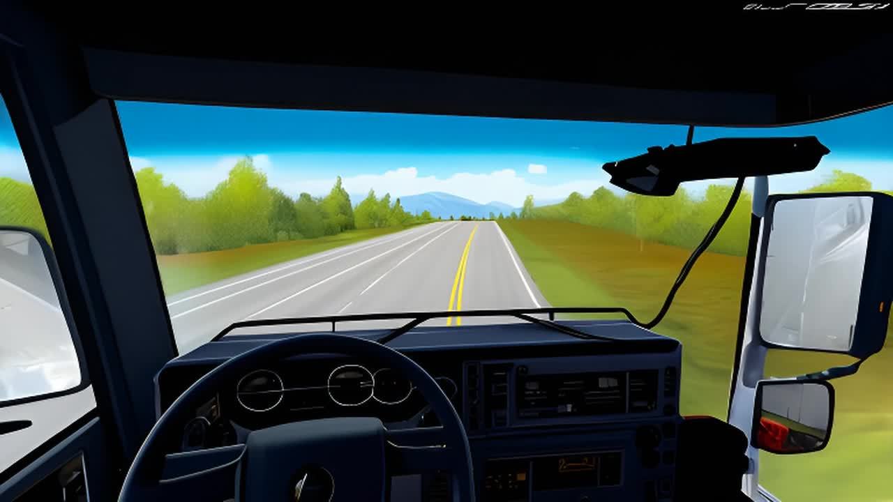 卡车驾驶室视角，一辆卡车在道路上行驶。道路笔直，路