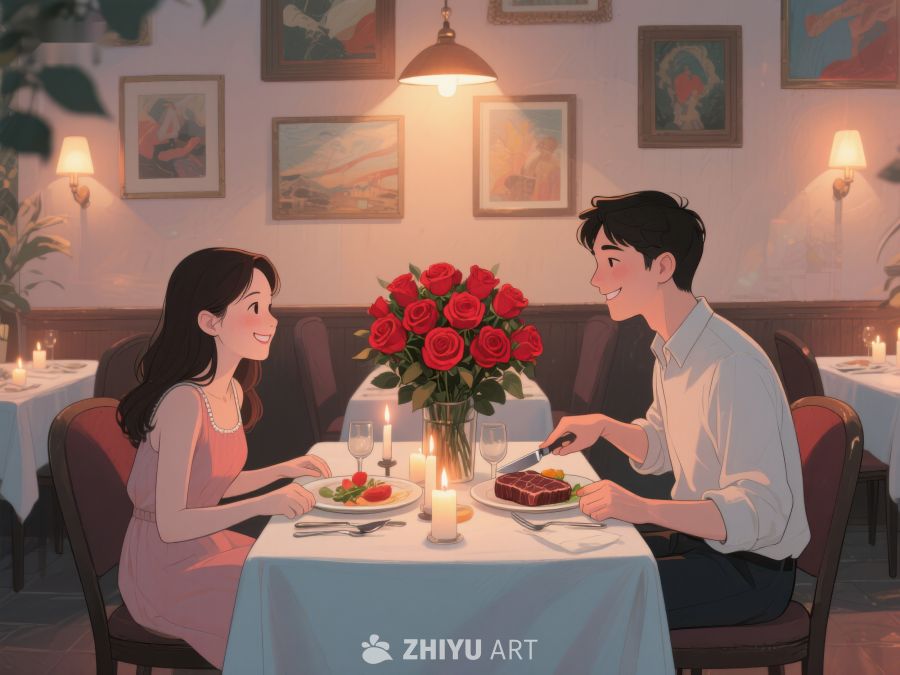 浪漫晚餐：情侣在温馨餐厅共享美食 443