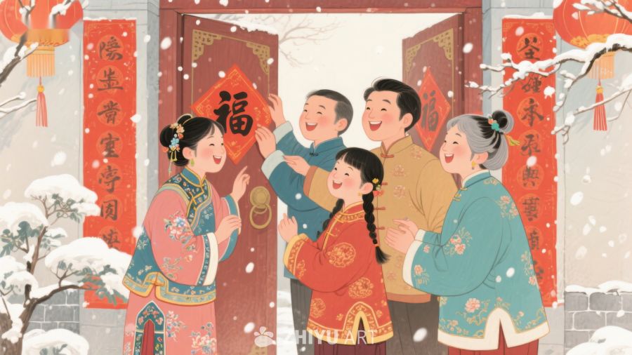 家庭欢庆春节贴福字 500