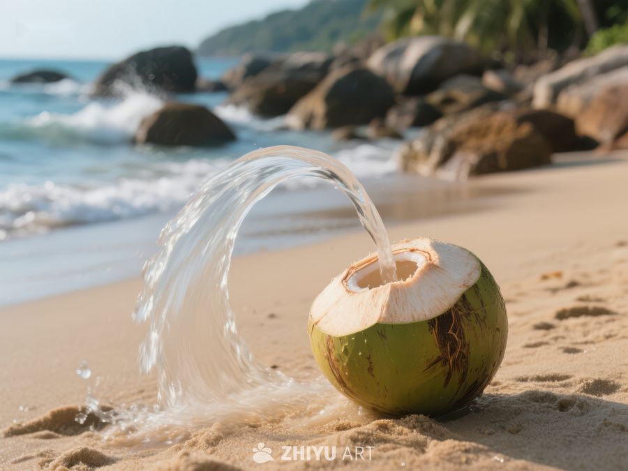椰子水喷洒在沙滩上 773