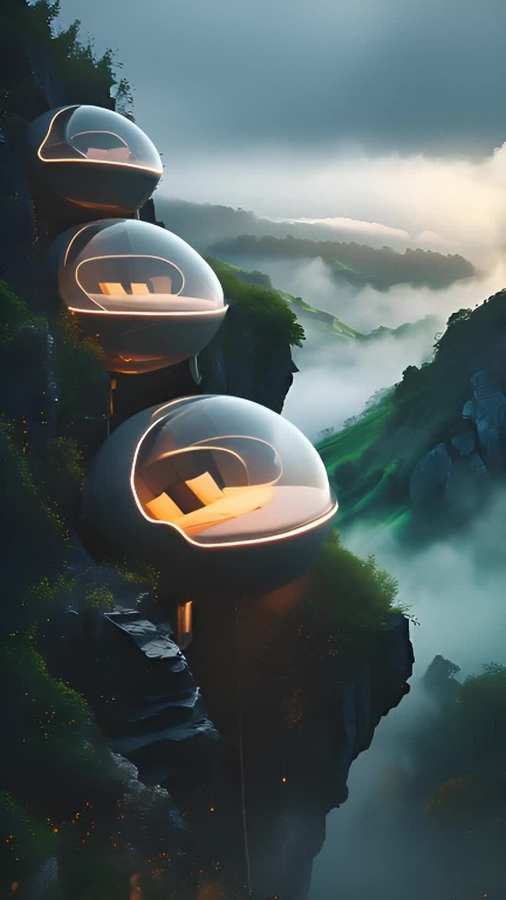 三个球形小屋悬挂在山崖边，小屋内部可见床铺和靠枕。