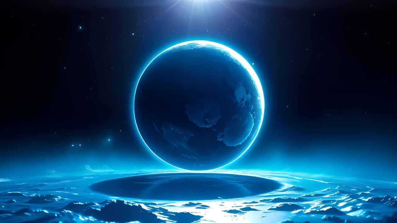 一个蓝色的星球在其轴线上平稳旋转，完成一个完整的循