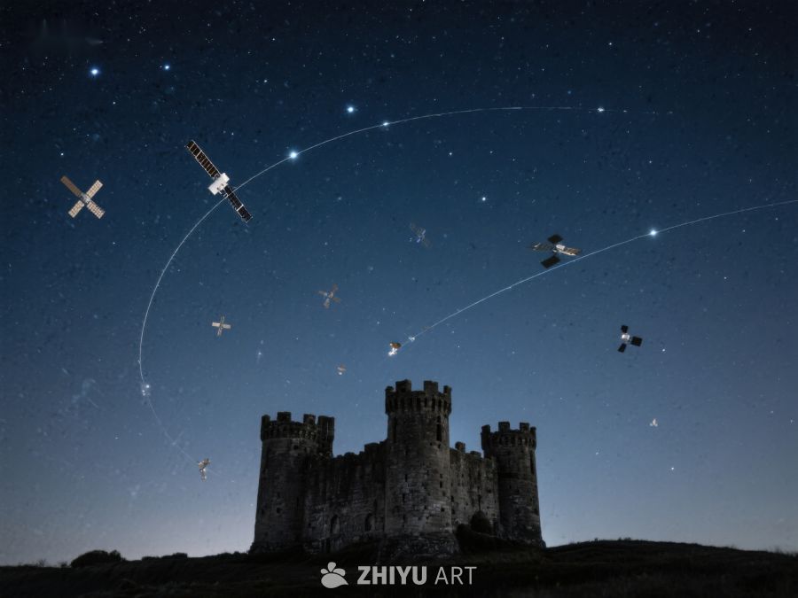 夜空下的古堡与卫星轨迹 319
