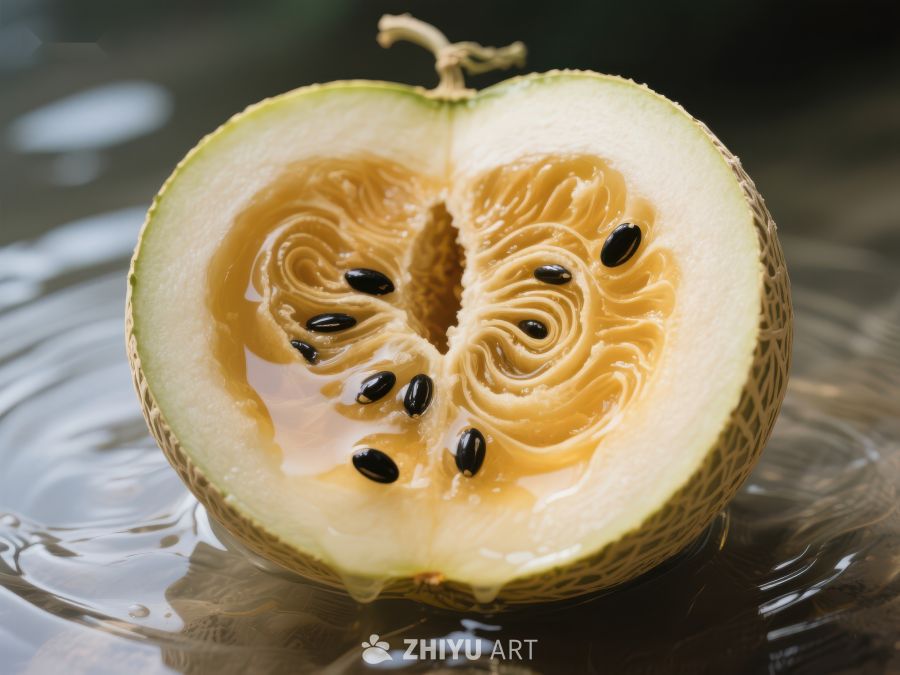 切开的甜瓜，露出多汁果肉和种子 389