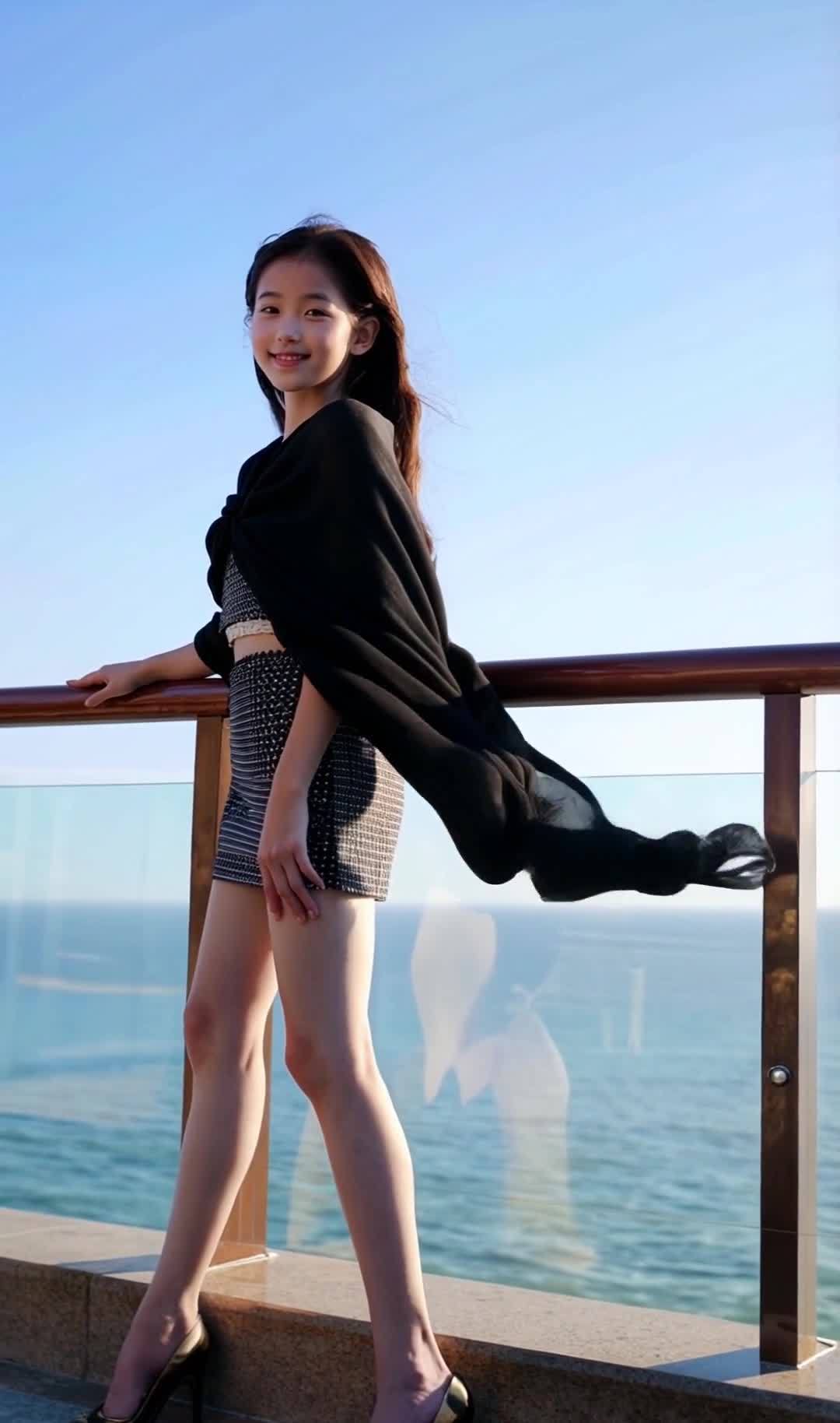 一名年轻女子站在海边酒店阳台上。她大约20岁，瓜子