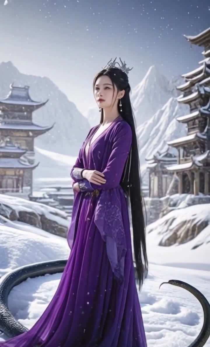 一位身着紫色长裙的女子站在雪地里。她的黑色长发垂在