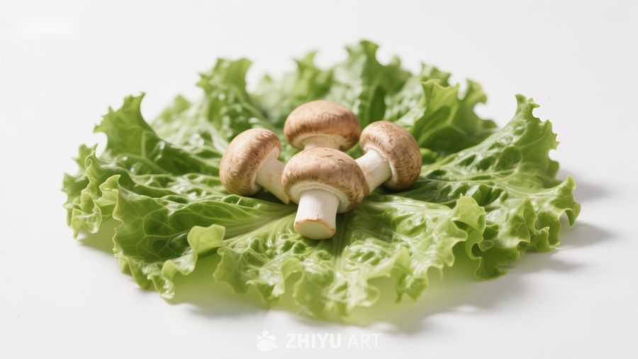 新鲜蘑菇置于生菜之上