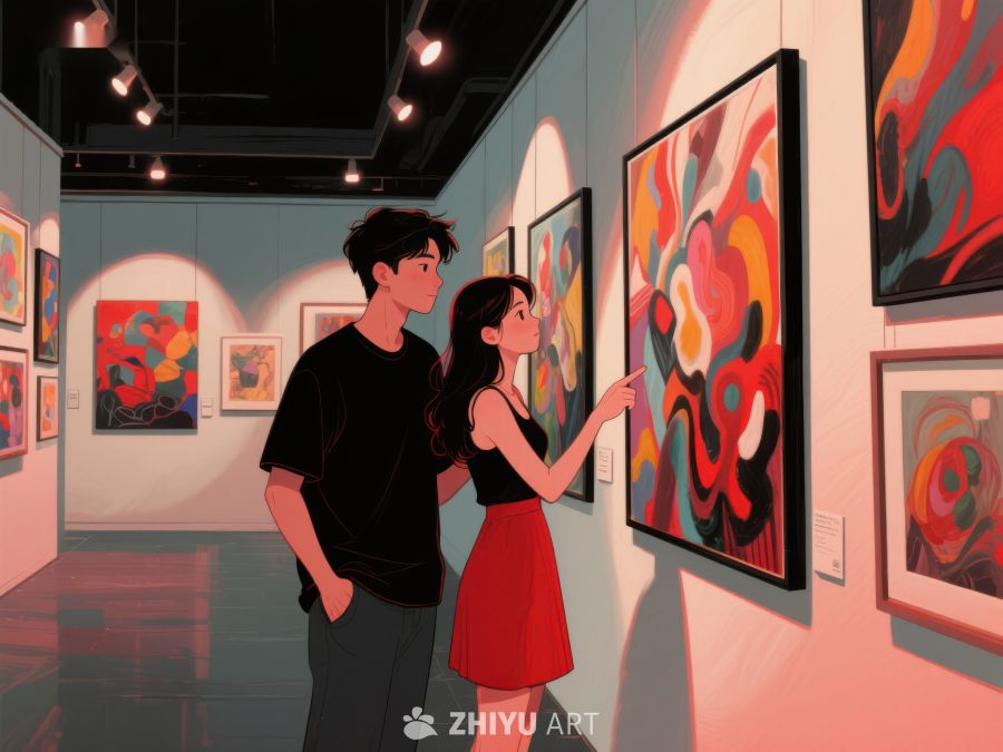 艺术馆内两人欣赏抽象画作 1099