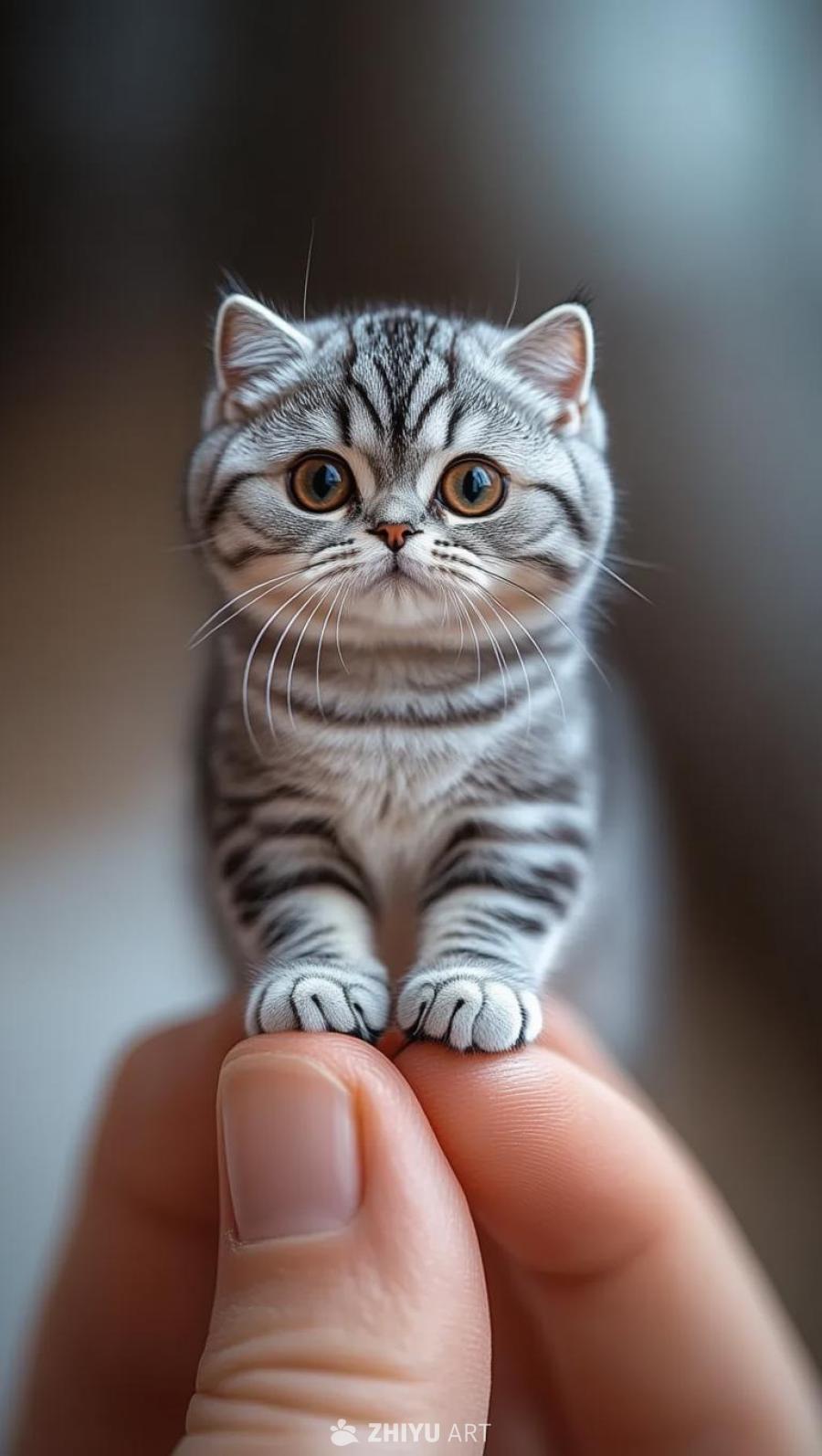 一只灰色苏格兰折耳猫站在人的手指上，猫咪体型很小，