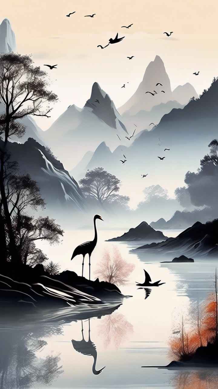 国风山水鹤插画背景 95