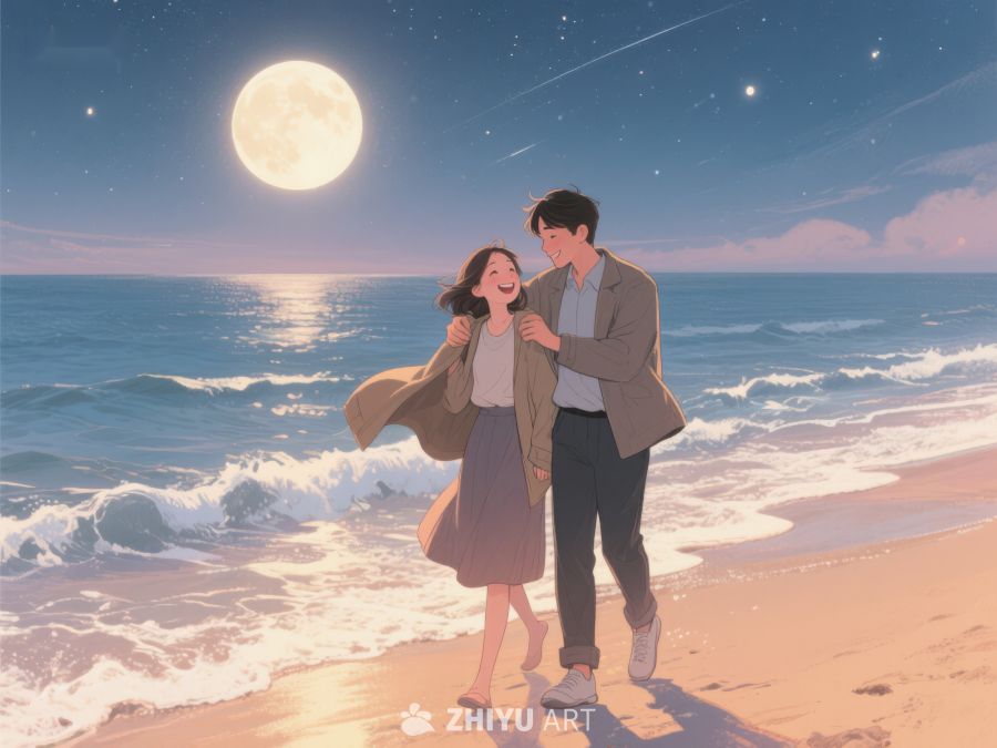 月夜海滩情侣漫步 1131