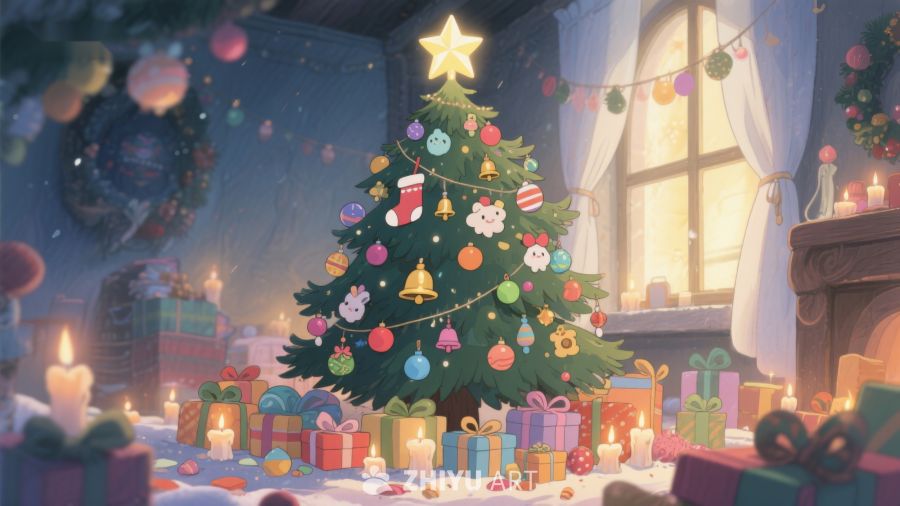 温馨圣诞树与礼物的节日场景 267