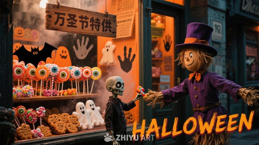 万圣节特供糖果店前的欢乐场景