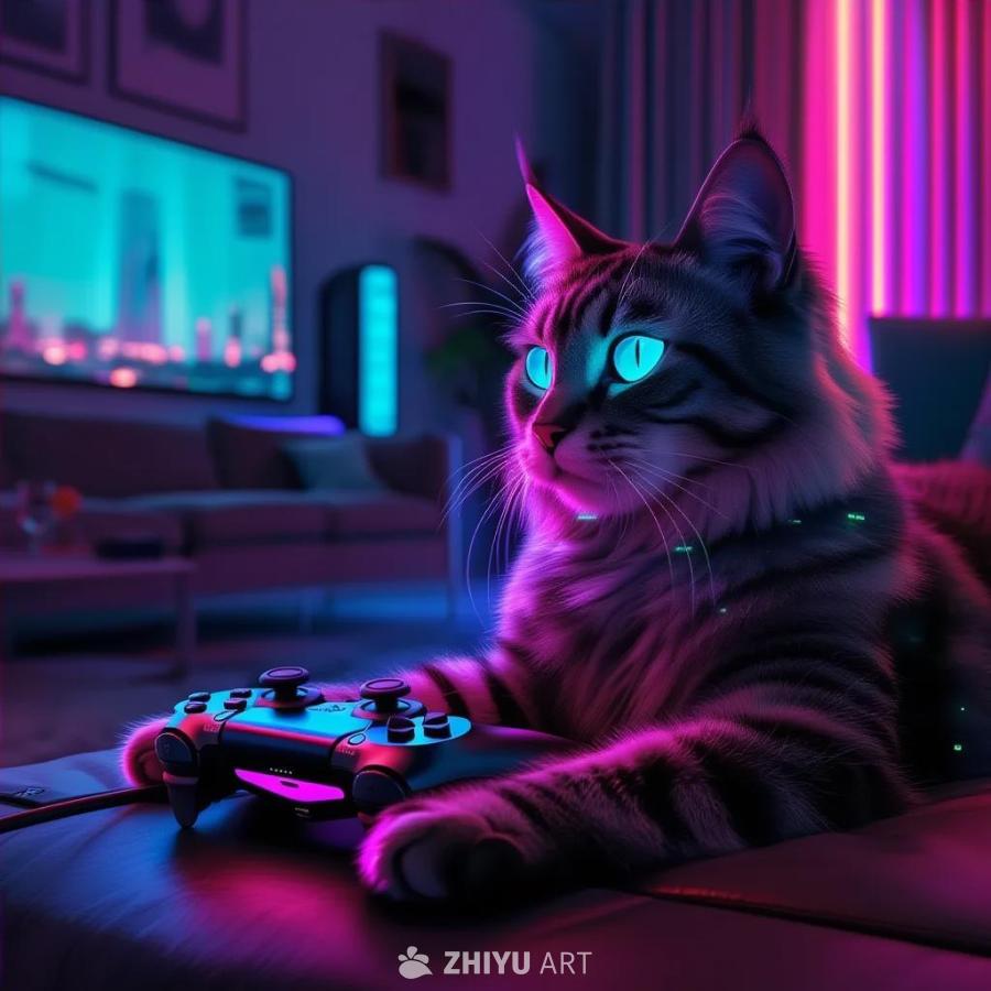 一只赛博朋克风格的猫斜躺在一个高科技的客厅里，全神