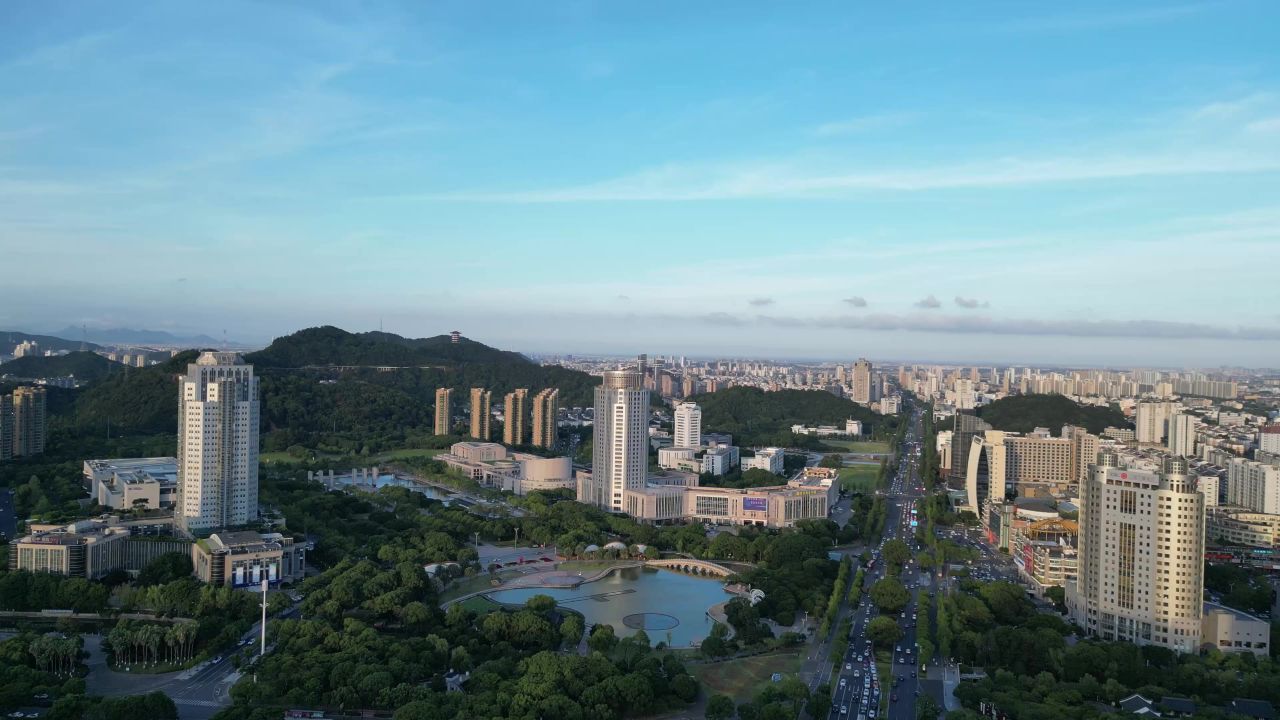  航拍台州市民广场水景公园