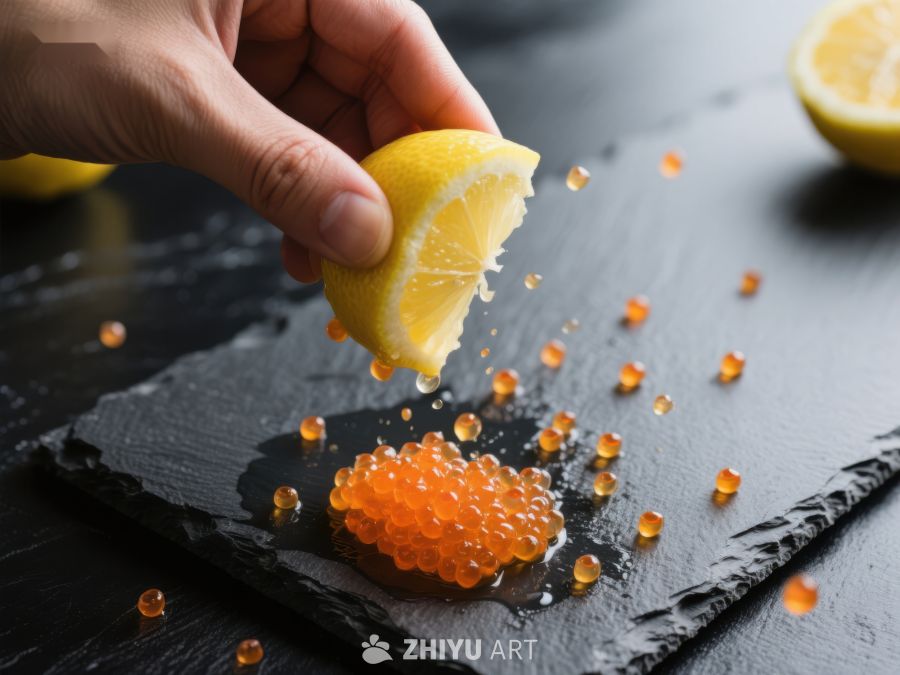 柠檬挤汁淋洒鱼子酱 264
