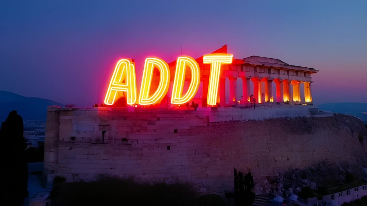 在希腊卫城的顶部，一个巨大的霓虹灯招牌“ADDIT