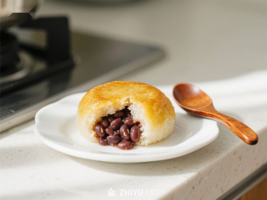 红豆馅饼置于白色碟上，旁配木勺 321