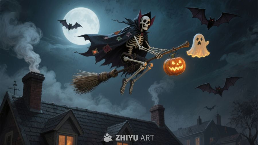 万圣夜骷髅巫师骑扫帚飞行