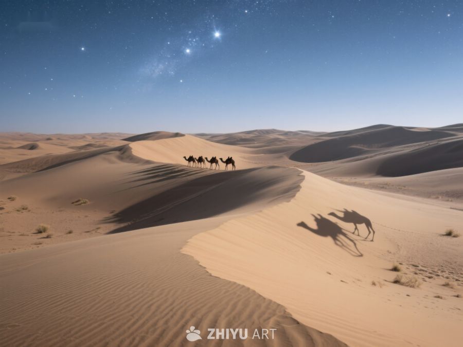沙漠夜景：骆驼队行进在沙丘间 76