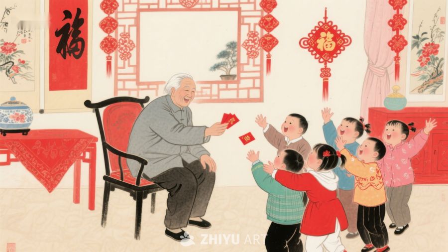 老人分发红包，孩童欢喜迎新年 616
