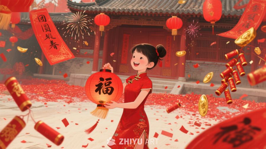新春佳节，女子手提红灯笼 1023