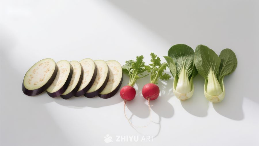 新鲜蔬菜与切片茄子的排列