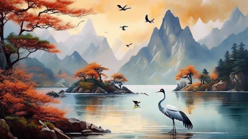 国风山水鹤插画背景 56