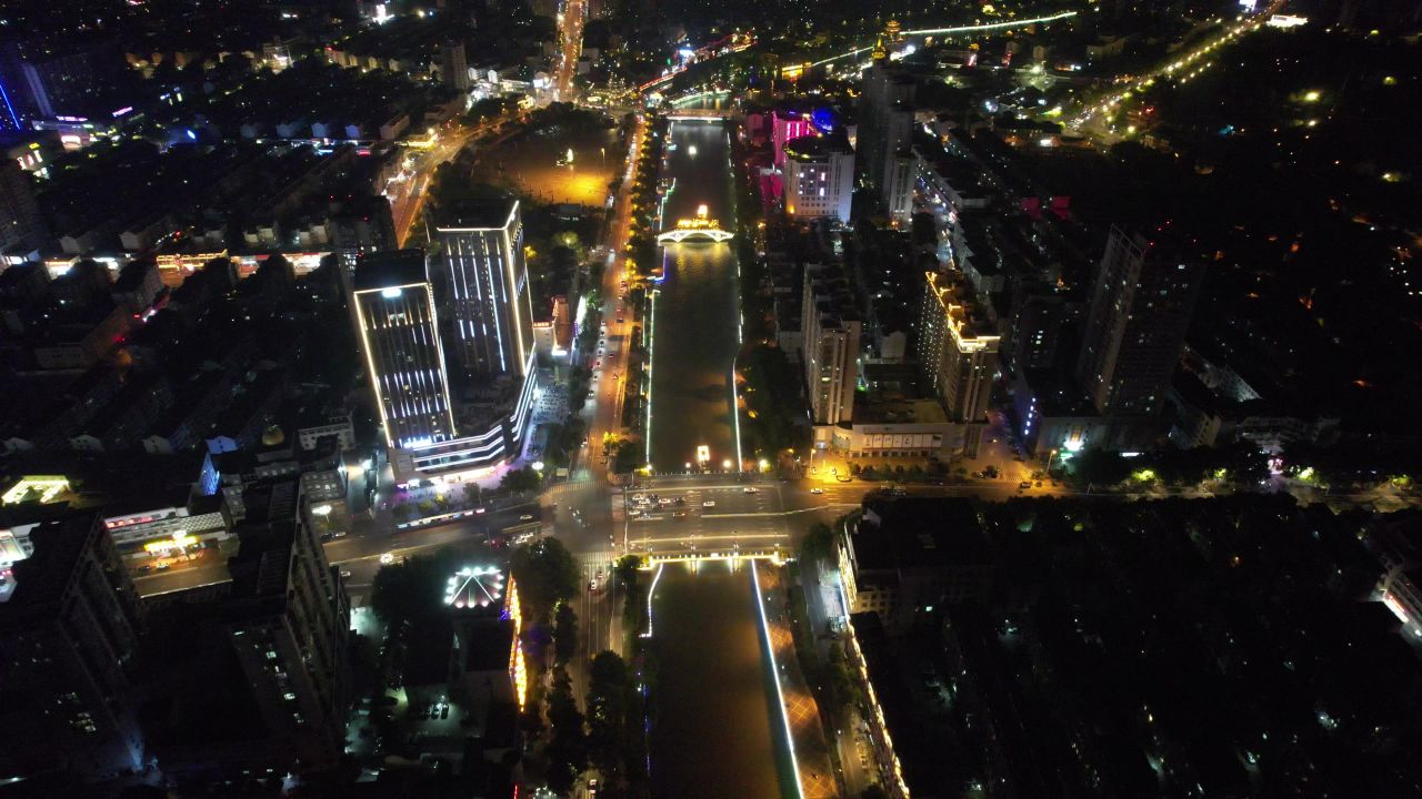 江苏宿迁夜景灯光航拍 