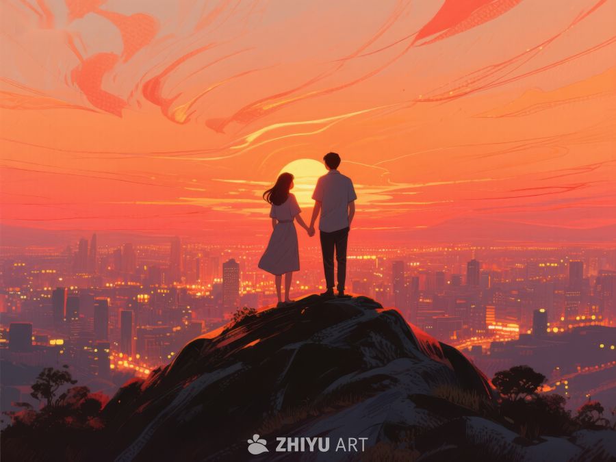 山顶情侣俯瞰城市夕阳 605
