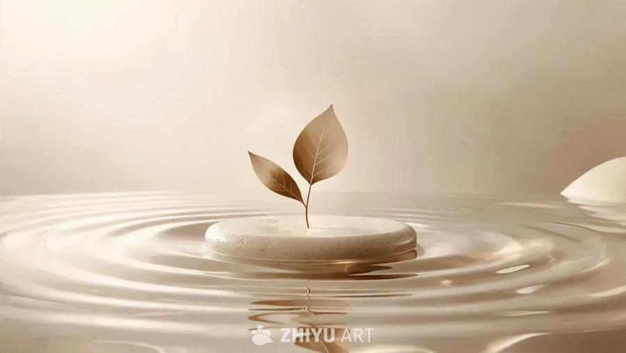 浅米色和柔和粉彩的背景中，一个极简主义的抽象叶子图