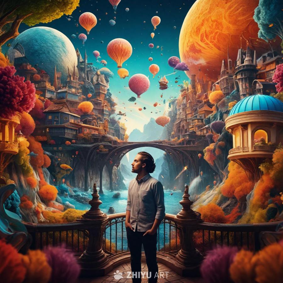 一名男子站在一个阳台上，双手插在口袋里，眺望着远方