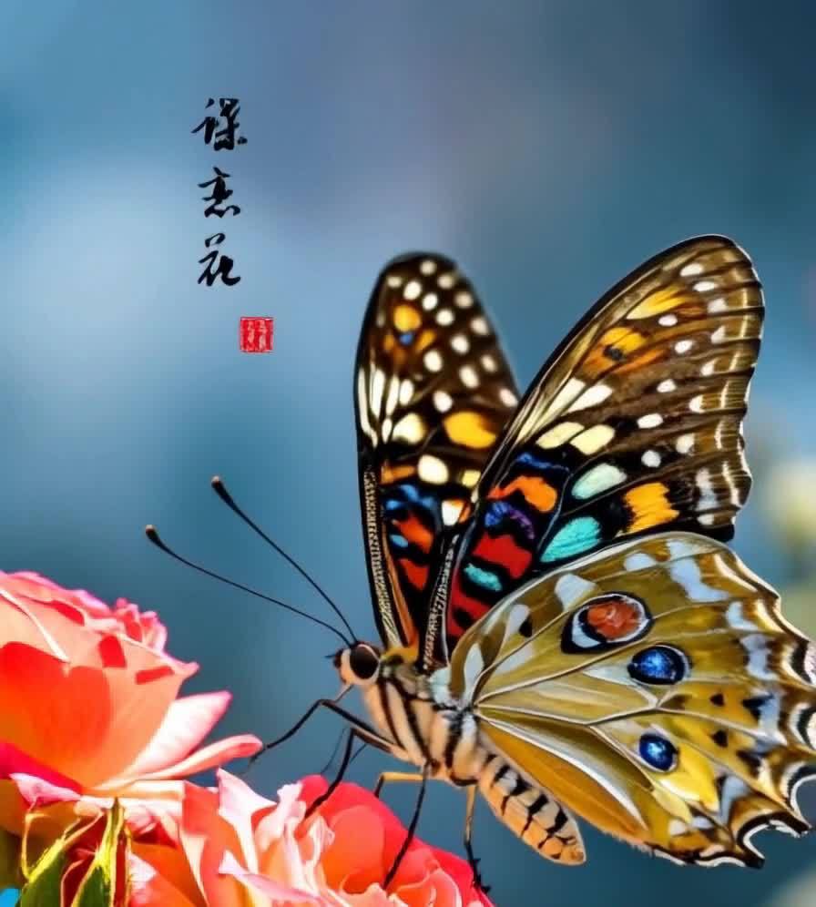 多彩蝴蝶停驻橙色玫瑰花，蓝调背景映衬诗意花语