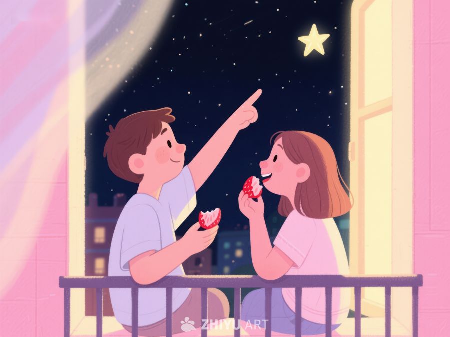 夜晚窗边，孩子指星共享美食 1076