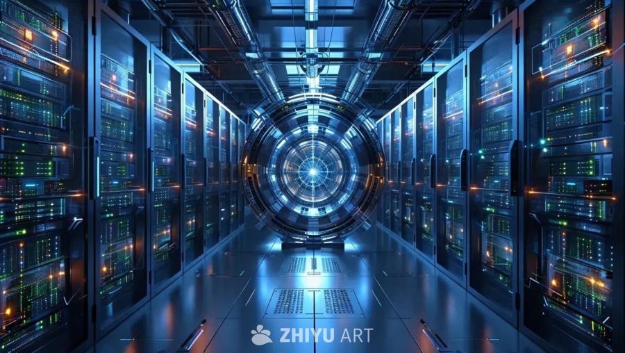 一个高科技的未来实验室环境中，展示了一个巨大的互联