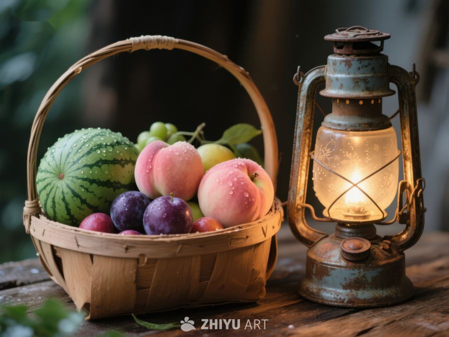 篮中水果与古灯的静谧组合 325