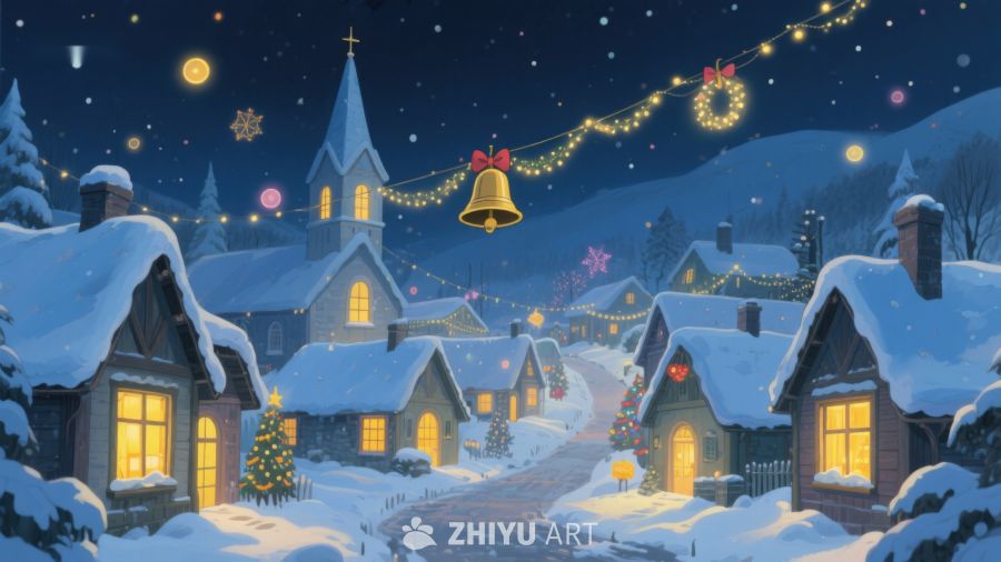 雪夜小镇的圣诞灯火 436