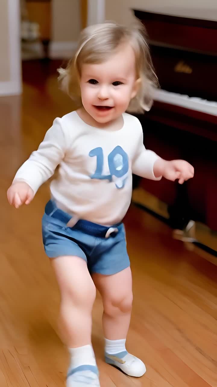一个穿着彩色衣服的幼儿在跳舞，她轻轻地摇摆着身体。