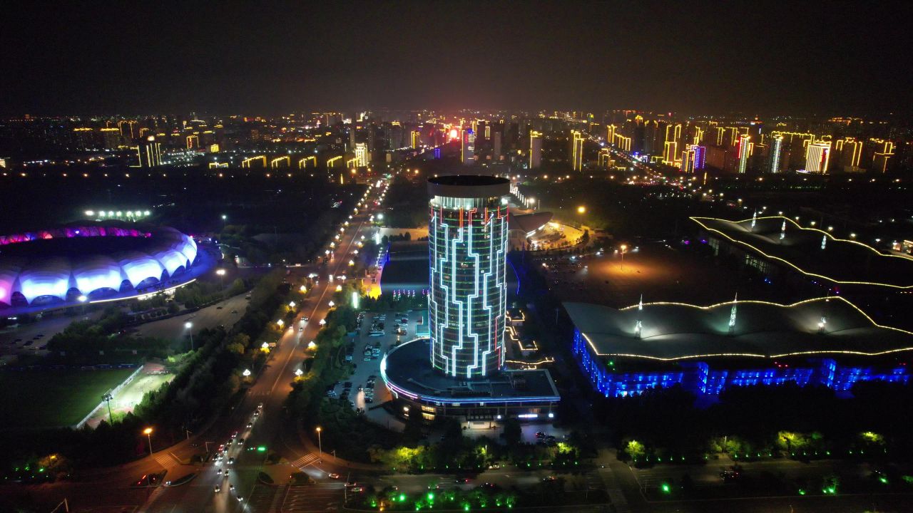 河北沧州城市夜景灯光航拍