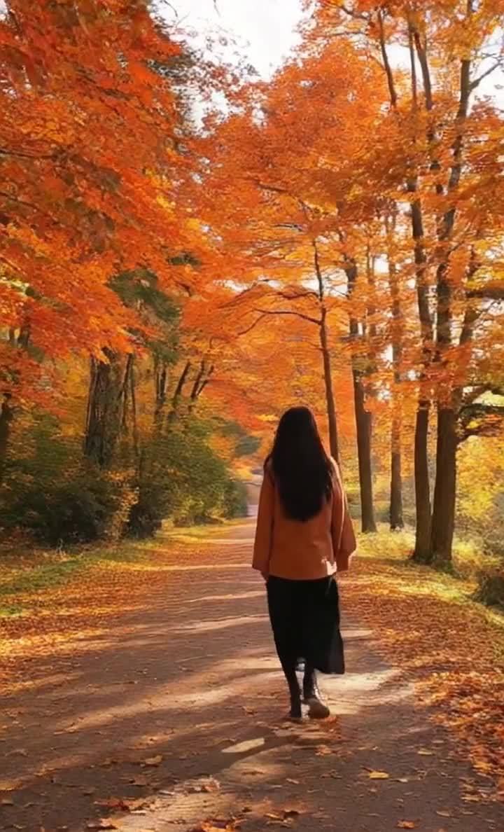 秋日女子：橙色外套漫步落叶缤纷小径
